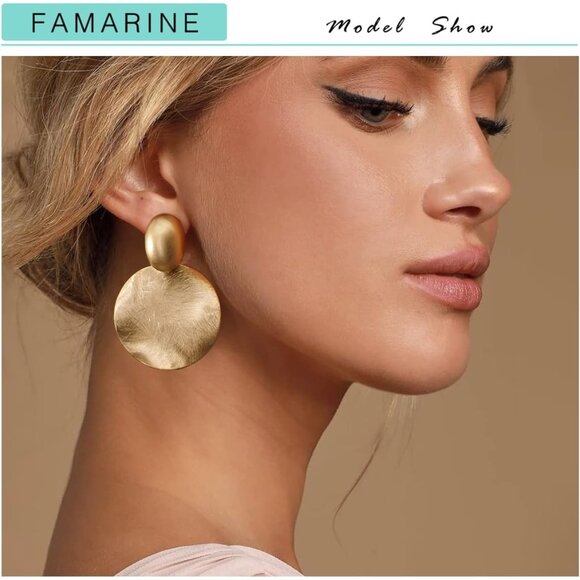 🆕Women Gold Big Disc Drop Earrings Gold Dangle Earrings Round Hammered Earrings - Picture 3 of 6